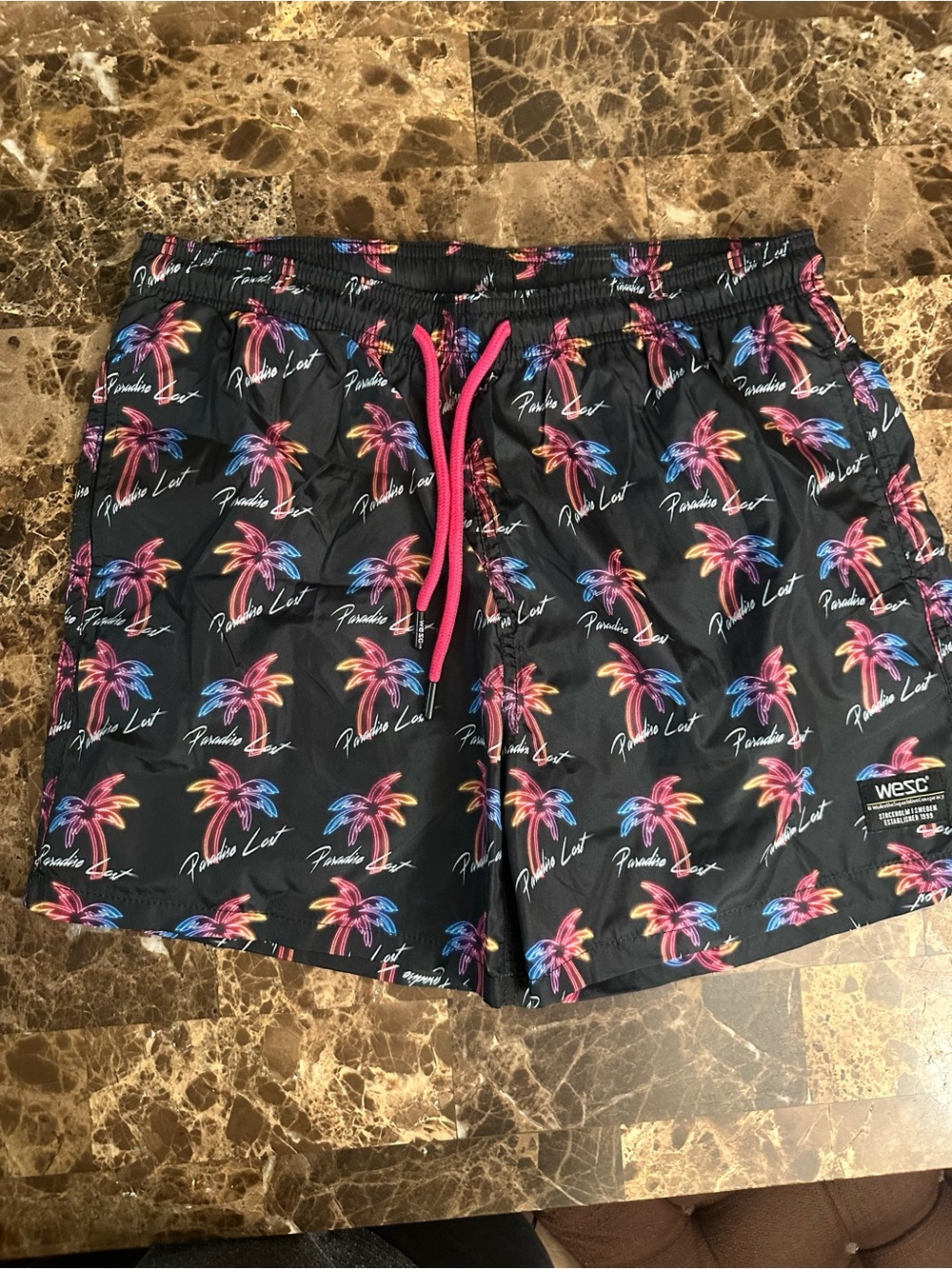 WESC Men's Black Swim Trunks with Neon Pink, Blue and Orange Palm Print